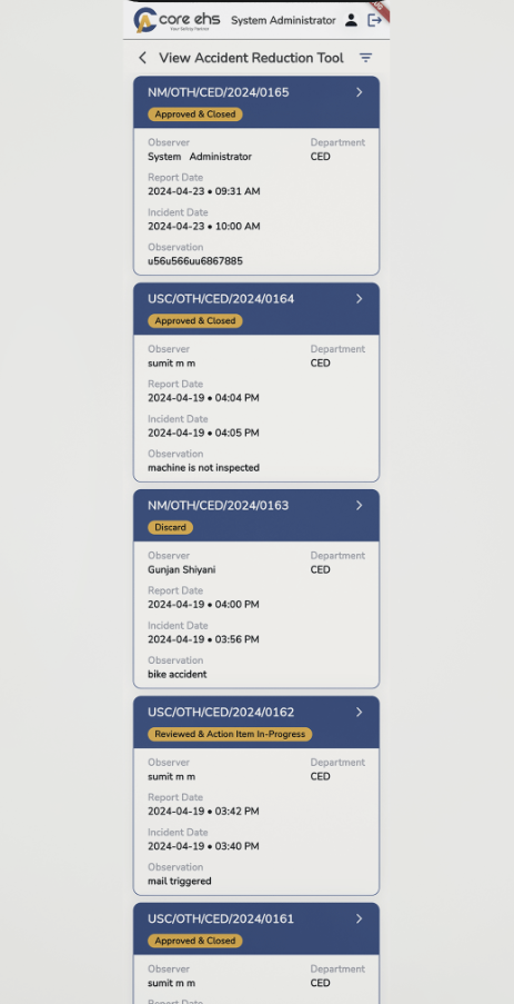 screenshot of ART Hazard Reporting